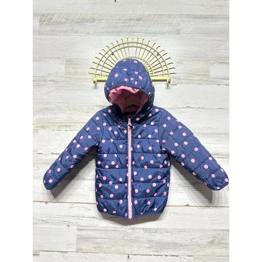 Carter's Puffer Jacket Girls 3T Navy Pink Polka Dot Hooded Zip Coat GUC*